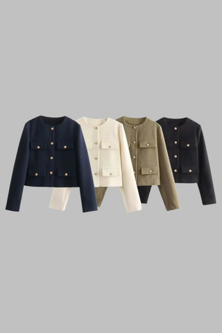 Elegant Tweed Button-Up Blazer with Gold Embellished Buttons