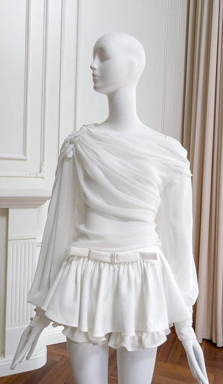Elegant Long-Sleeve Oblique Shoulder Sheer Top and Skort Set