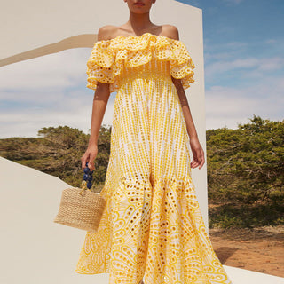 Embroidered Off Shoulder Ruffled Long Dress