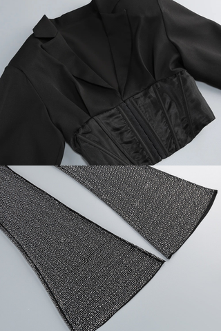 Long Sleeve Blazer and Corset Set with Rhinestone Flared Pants