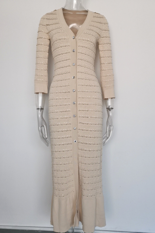 Long Sleeve Textured Knit Long Dress with Button Front & Rhinestone Embellishments