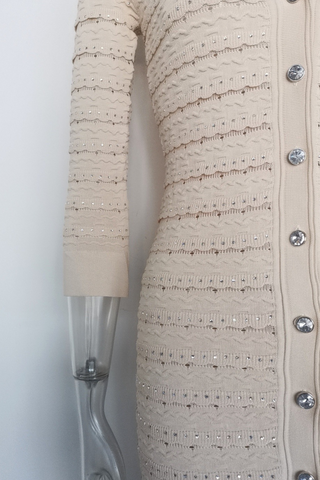 Long Sleeve Textured Knit Long Dress with Button Front & Rhinestone Embellishments