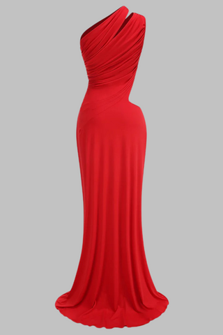 One-Shoulder Draped Long Dress with Side Cutout & Gold Ring Design