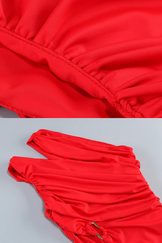 One-Shoulder Draped Long Dress with Side Cutout & Gold Ring Design