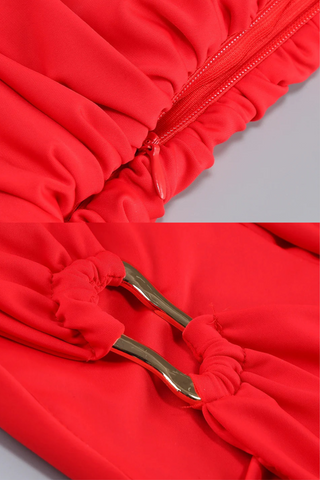 One-Shoulder Draped Long Dress with Side Cutout & Gold Ring Design