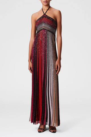 Halter Neck Contrast Stripe Pleated Long Dress