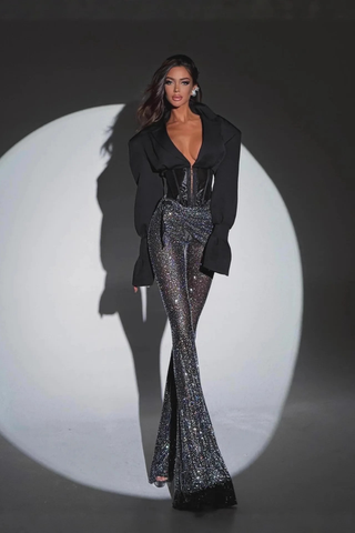 Long Sleeve Blazer and Corset Set with Rhinestone Flared Pants