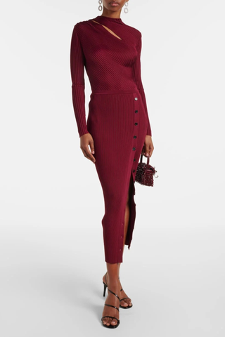 Long Sleeve Ribbed Knit Midi Dress with Asymmetrical Cutout and Button Slit