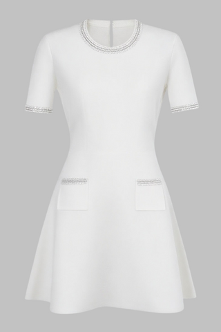 Long Sleeve Crystal Pocket Detail Short Sleeve Knit Mini Dress