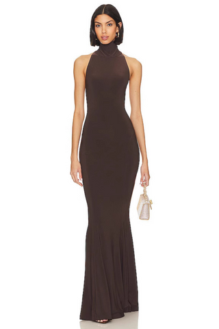 Brown Halter Neck Sleeveless Long Dress with High Neck and Mermaid Silhouette