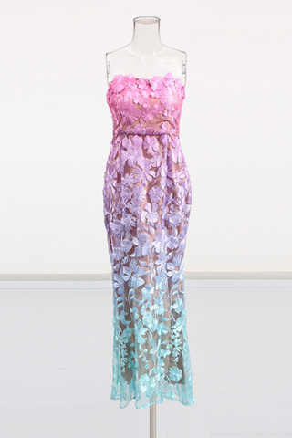 Ombre Floral Lace Strapless Long  Dress – Gradient Pink, Purple & Aqua Embroidery