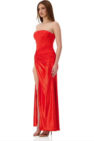 Luxury Strapless Satin Evening Long Dress with Boned Corset and High Slit Twist Draping