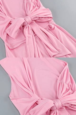 One-Shoulder Backless  Waist Bow Lycra Long Dress