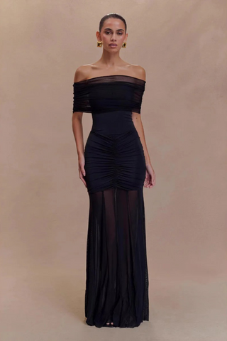Cream Off-Shoulder Mesh Long Dress with Adjustable Sheer Overlay