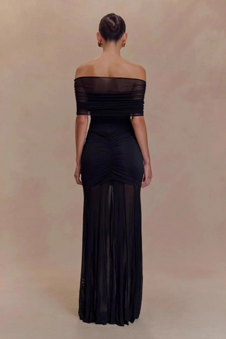 Cream Off-Shoulder Mesh Long Dress with Adjustable Sheer Overlay