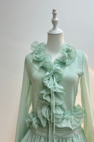 Mint Fantasy Ruffle Chiffon Set – Sheer Top & Skirted Shorts