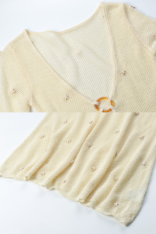 Long Sleeve Crochet Knit Long Dress with Deep V-Neck, Ring Accent & Starfish Appliqués