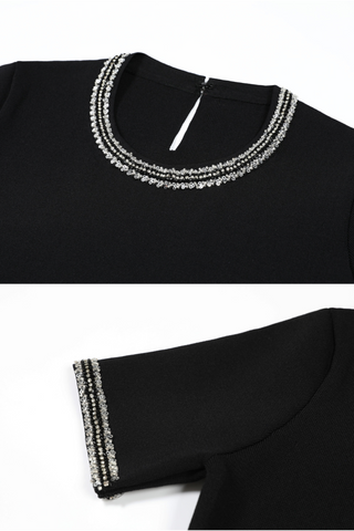 Long Sleeve Crystal Pocket Detail Short Sleeve Knit Mini Dress