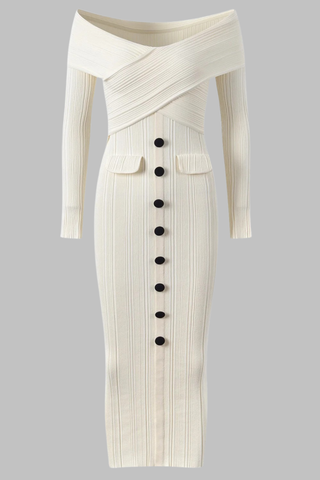 Off-Shoulder Ribbed Knit Mid-Long Dress with Button Front