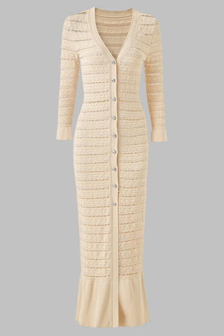 Long Sleeve Textured Knit Long Dress with Button Front & Rhinestone Embellishments