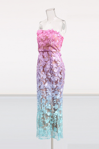 Ombre Floral Lace Strapless Long  Dress – Gradient Pink, Purple & Aqua Embroidery