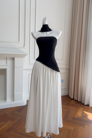 Monochrome Strapless Corset  Lace-Up Back  Long Dress