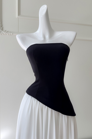 Monochrome Strapless Corset  Lace-Up Back  Long Dress