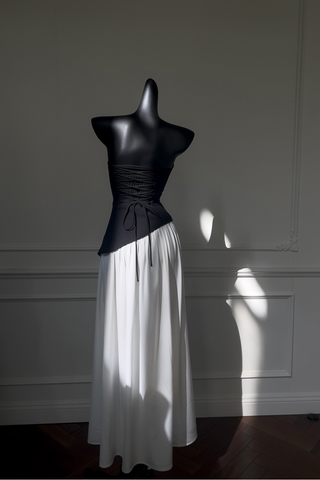 Monochrome Strapless Corset  Lace-Up Back  Long Dress