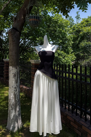 Monochrome Strapless Corset  Lace-Up Back  Long Dress