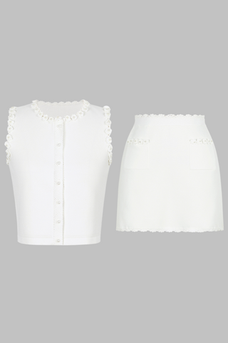 Pearl Sleeveless Flower Edge Button Knit  Top & Skirt Set