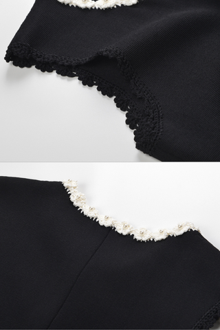 Pearl-Trimmed Sleeveless Flower Edges Knit Long Dress