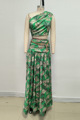 Tropical One Shoulder High Waist Slit long Skirt Set