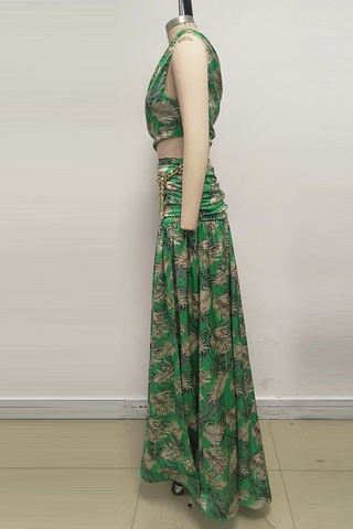 Tropical One Shoulder High Waist Slit long Skirt Set