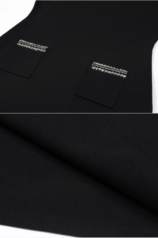 Long Sleeve Crystal Pocket Detail Short Sleeve Knit Mini Dress