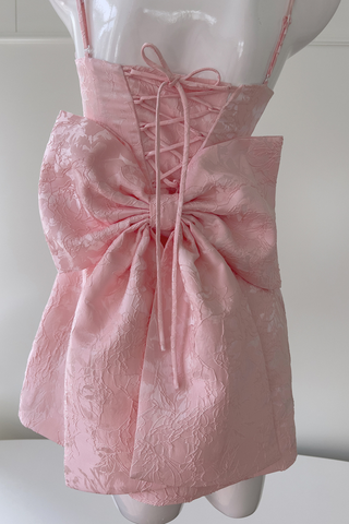 Pink Embroidered Lace Mini Dress with Back Bow & Corset Detailing