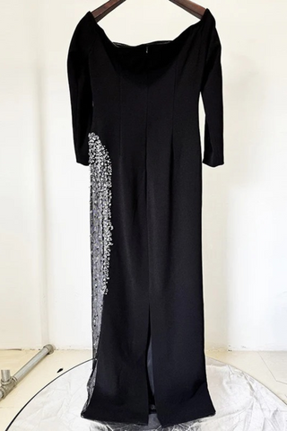 Off-Shoulder Long Sleeve Long Dress with Crystal-Embellished Sheer Panel