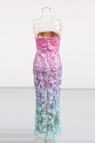 Ombre Floral Lace Strapless Long  Dress – Gradient Pink, Purple & Aqua Embroidery