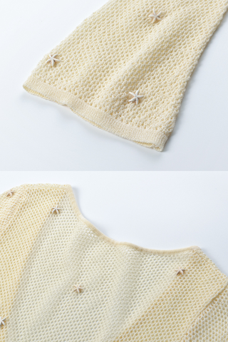 Long Sleeve Crochet Knit Long Dress with Deep V-Neck, Ring Accent & Starfish Appliqués