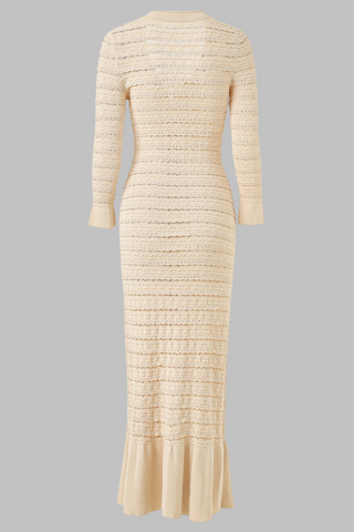 Long Sleeve Textured Knit Long Dress with Button Front & Rhinestone Embellishments