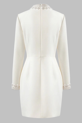 Long Sleeve Mini White Dress with Pearl-Embellished High Neck and Cuffs