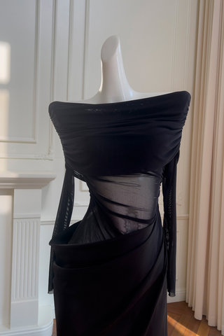 Noir Veil Draped Sheer Long Dress