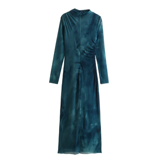 Jodi  Marble Print High Neck Mesh Long Dress