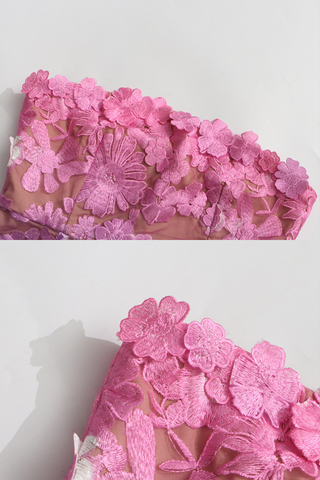 Ombre Floral Lace Strapless Long  Dress – Gradient Pink, Purple & Aqua Embroidery