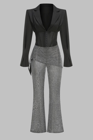 Long Sleeve Blazer and Corset Set with Rhinestone Flared Pants