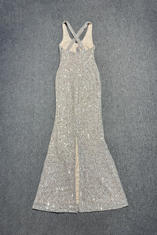 Luxury Silver Sequin Long Dress with Keyhole Front and Cross-Back Detail