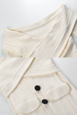 Off-Shoulder Ribbed Knit Mid-Long Dress with Button Front