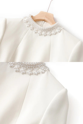 Long Sleeve Mini White Dress with Pearl-Embellished High Neck and Cuffs