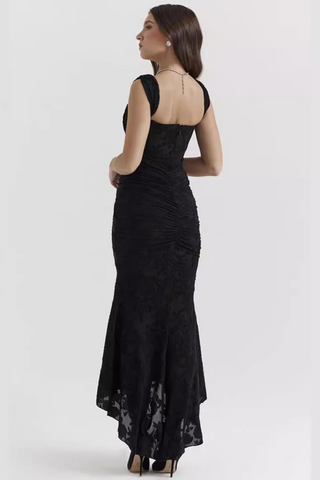 Lace Ruched Fishbone Long Dress