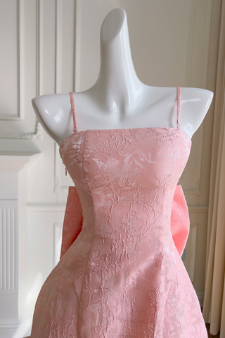 Pink Embroidered Lace Mini Dress with Back Bow & Corset Detailing