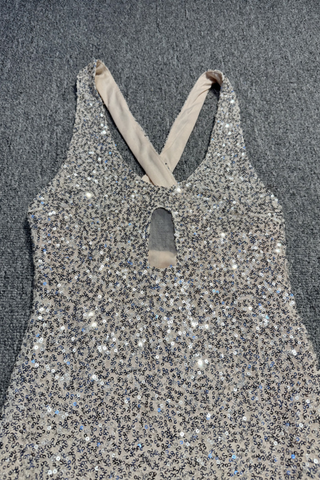 Luxury Silver Sequin Long Dress with Keyhole Front and Cross-Back Detail
